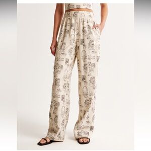 Abercrombie fitch linen pull on pants xl short cream tan toile pattern